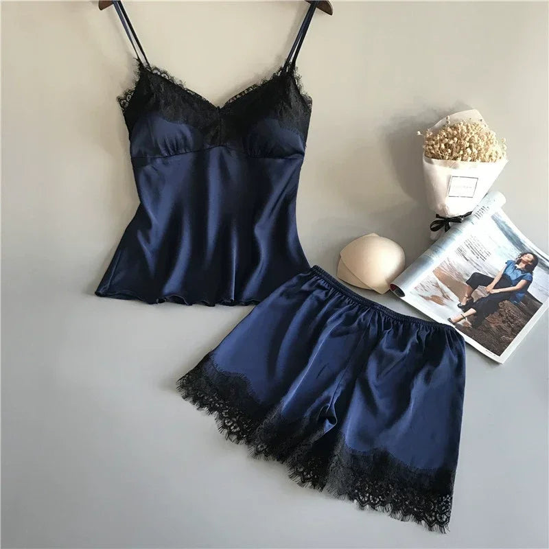 Women's Lace Satin Pajama Sets Sexy Nightwear Summer Sleeveless Tops+Shorts 2 Pcs Pyjamas Sleepwear Loungewear