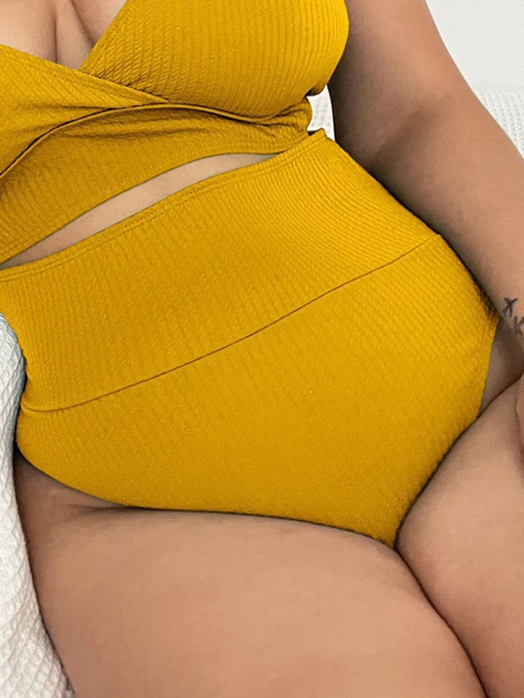 VigoJany 2026 Solid High Waist 2 Piece Plus Size Bikini Women Cross Push Up Large Big Swimsuit Beach Lady Chubby Bathing Suit