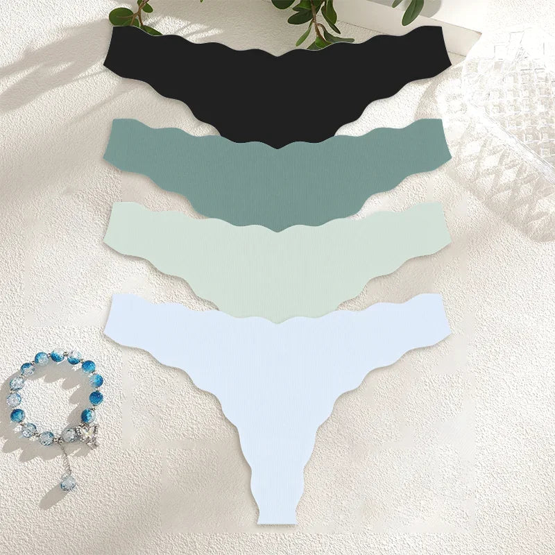 4Pcs Women Seamless Panties Wavy Design Ultra-thin Thongs Women Ice Silk Underwear Sexy Panty Low Waist G-string Female Solid