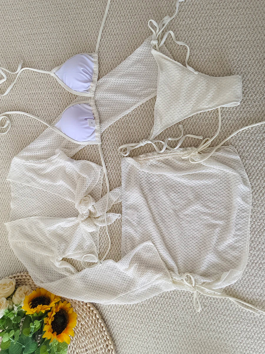 4 Pieces Halter String Bikinis 2026 Tops & Skirt Solid Swimwear Female Sexy Swimsuit Women Bathers Bathing Swimming Swim Suit