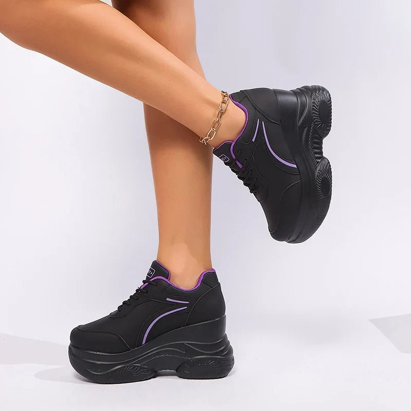 Black Chunky Wedge Sneakers Women Plus Size 42 Lace Up Platform Sneakers Woman Pu Leather Thick Bottom Vulcanized Shoes Female