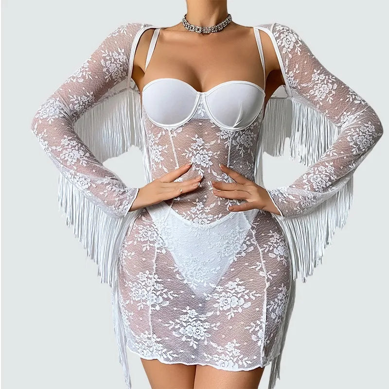 Toucheart Erotic Dress Elegant Palace-style Fringed Cardigan Spliced with See-through Intimate Lace Purelust Hip-hugging Dress