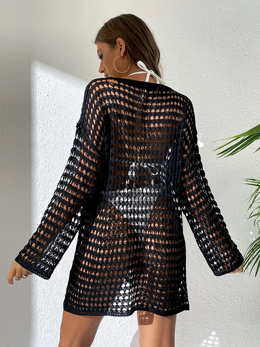 Womens Beach Cover Up Knit Solid Color Long Sleeve Dress Sexy Slim-Fit Beachwear Cover Up Beach Holiday Sun Protection Clothing
