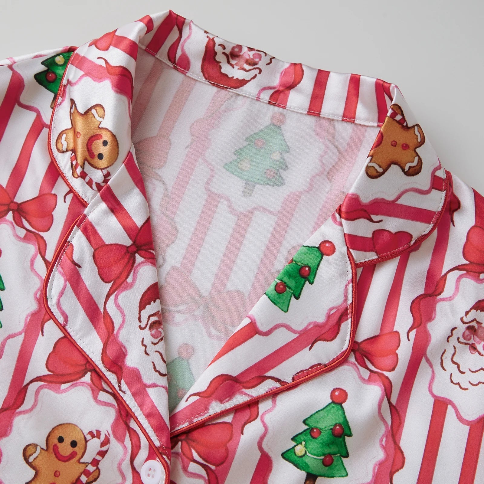 Women Satin 2025 Christmas Pajama Set Bow/Tree Print Long Sleeve Shirt with Shorts Two Pieces Sleepwear Loungewear
