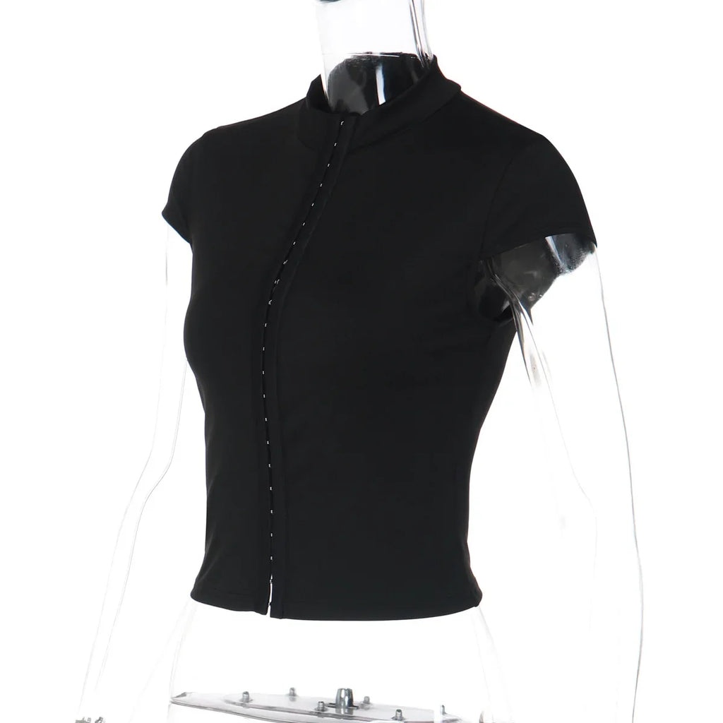 FDYOUI Y2K Streetwear Covered Buttons Black T-shirts for Women Sexy Fashion Short Sleeve Corset Ladies Slim Crop Tops Tee Shirt