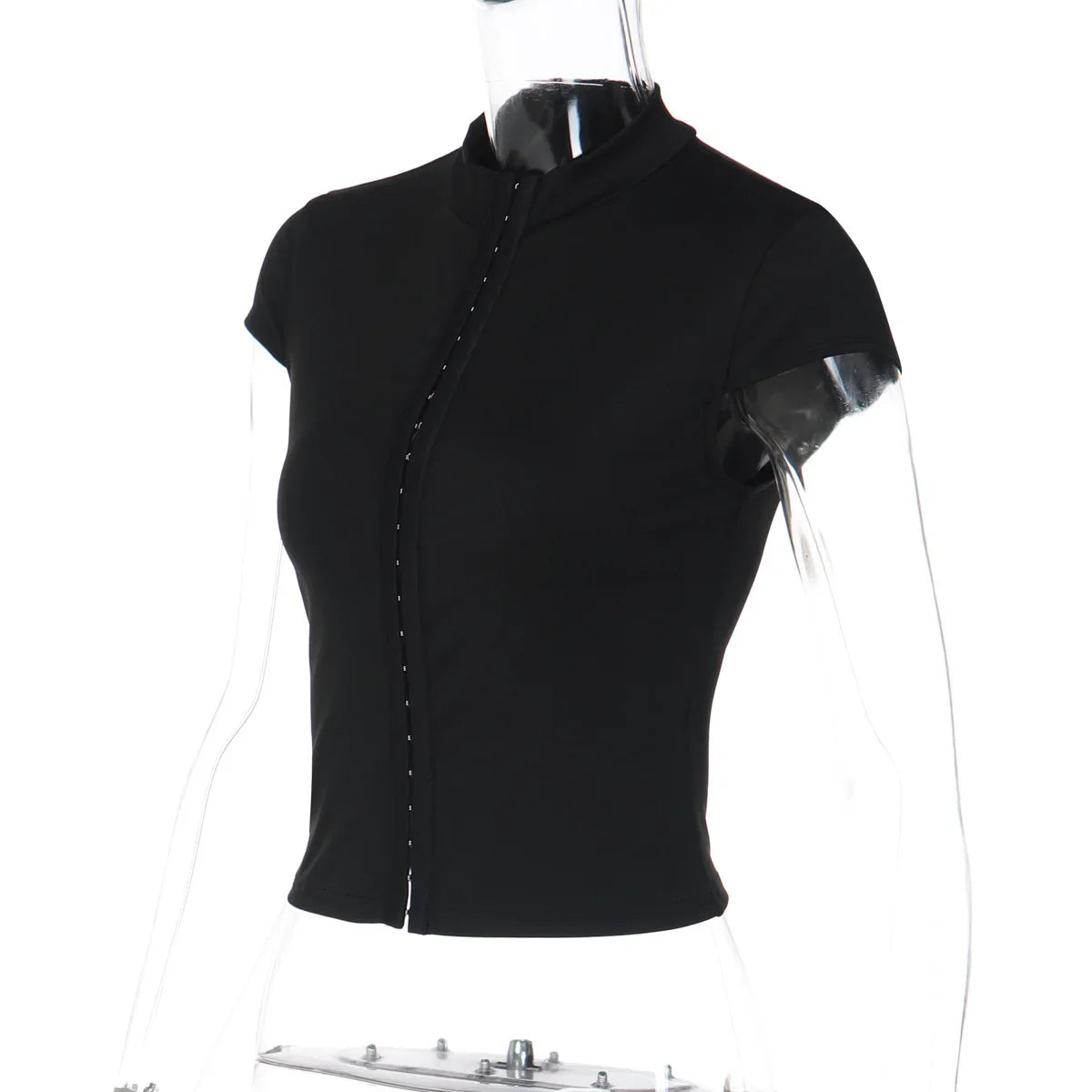 FDYOUI Y2K Streetwear Covered Buttons Black T-shirts for Women Sexy Fashion Short Sleeve Corset Ladies Slim Crop Tops Tee Shirt