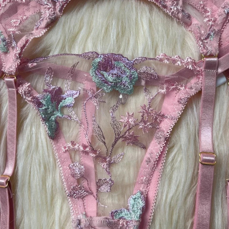 Toucheart Sexy Lingerie Embroidery Printing Bra Garters Set For Women Mesh See- Through Hollow Out Exotic Sexy Underwear Suit
