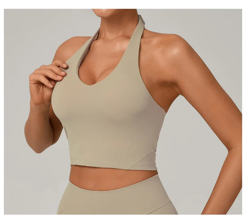 Women Fitness Sports Bra Halter Top High Support Push-up Open Back Gym Bra Shockproof Running Fitness Yoga Workout Underwear