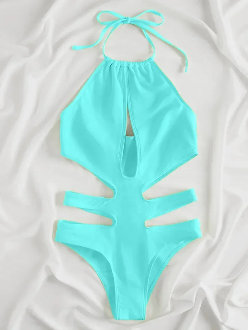 2025 New Sexy Halter Women Swimwear One Piece Swimsuit Female Hollow Out Monokini Bather Bathing Suit Summer Beach Wear Bodysuit
