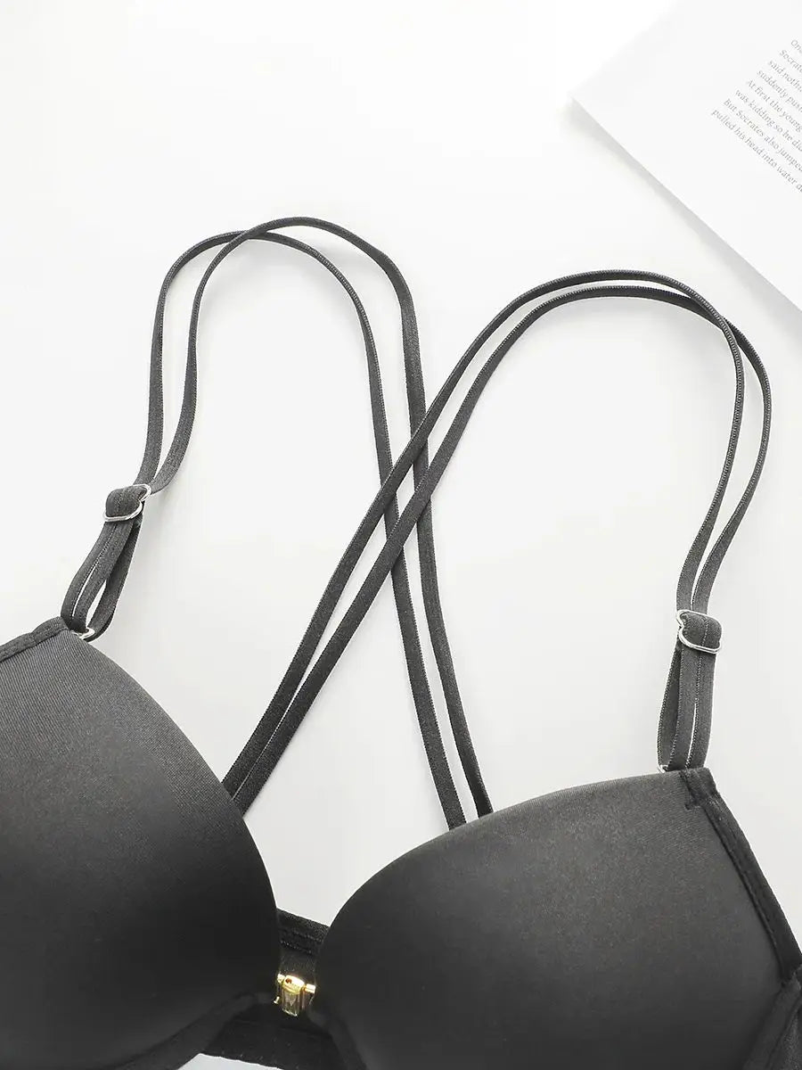 Women's Front Button Back Cross Strap Bra Set Gathering Push Ups Solid Color Lace Sexy Daily Comfort Casual Underwear Set A2159