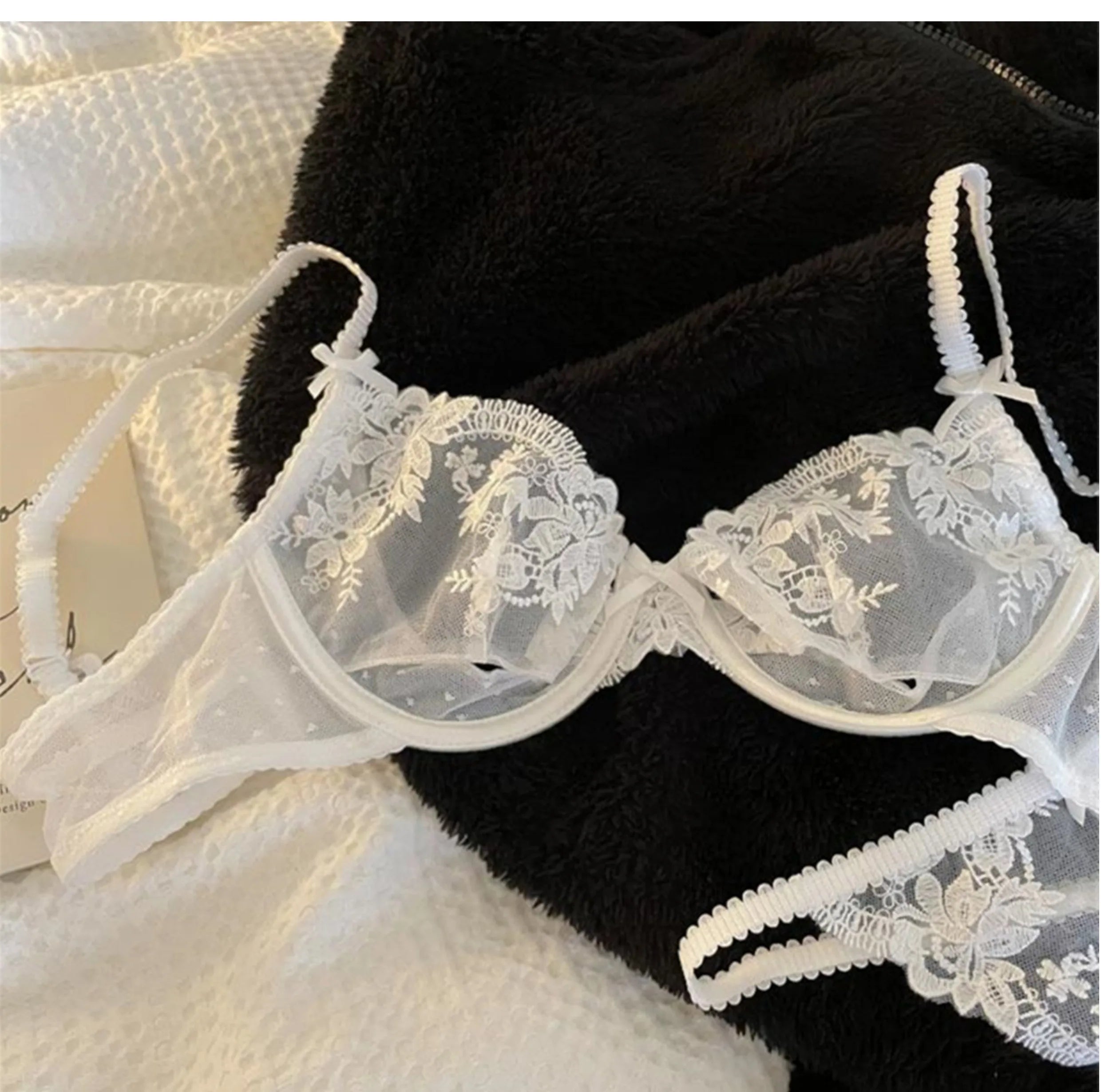 MOYISU Parisian Sheer Bralette Set - Ultra-Thin Wire-Free Bra No Padding Anti-Sag Lace Cutout Lingerie Sexy Vacation-Ready Tushy