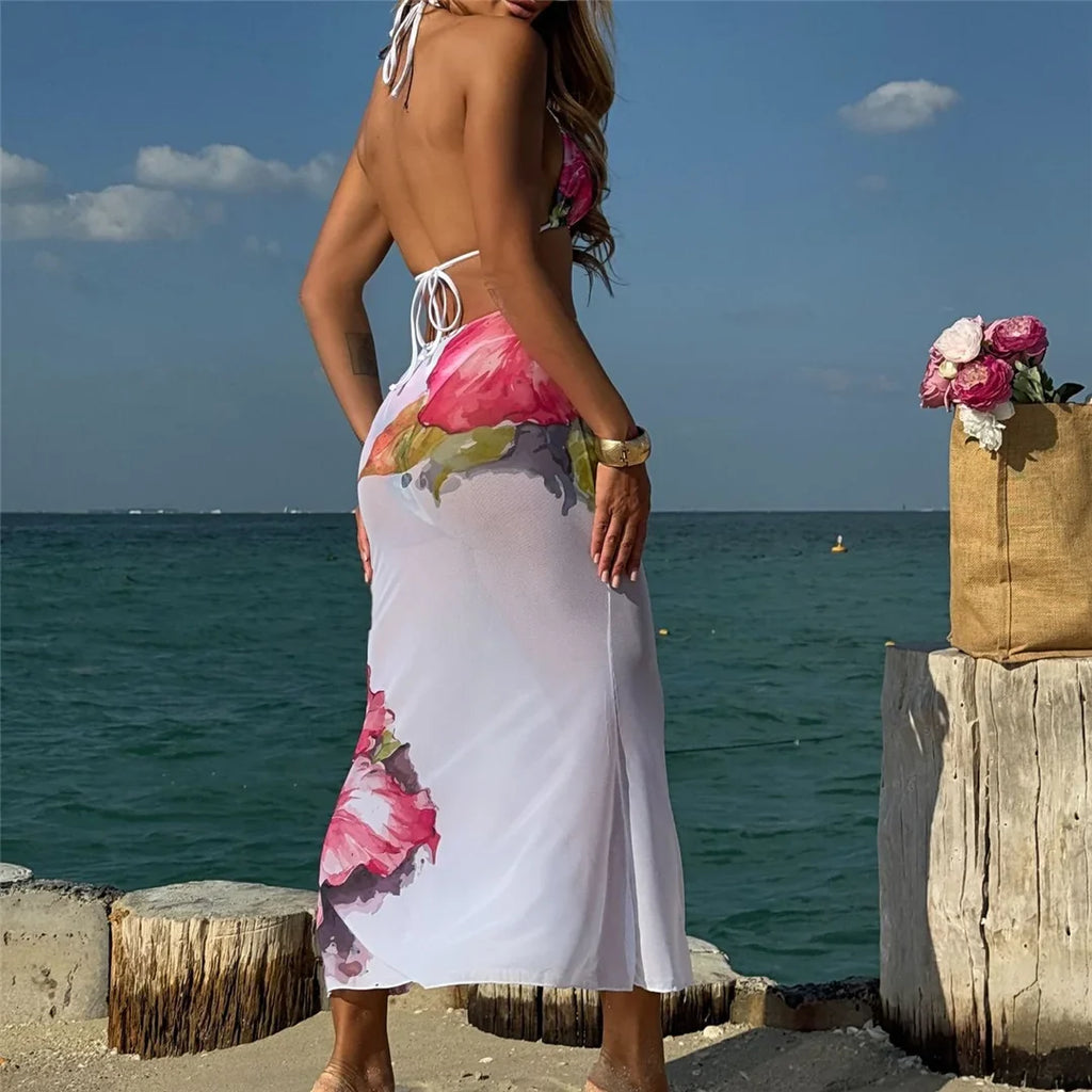 10 Color Flowers Halter Bikini Female Swimsuit Women Swimwear Three-pieces Bikini set With Skirt Bather Bathing Suit Swim V6637C