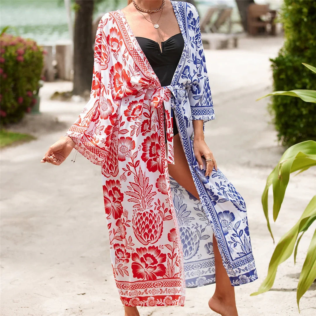 13 Colors Printed With Belt Crochet Knitted Tunic Beach Dress Beach Wear Beachwear Beach Cover Up Cover-upsFemale Women V7201