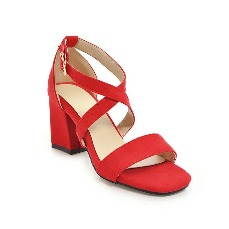 Big Size Casual Women Sandals Black Flock 7cm High Square Heels Peep Toe Summer Cross Buckle Strap Party Office Red Lady Sandals