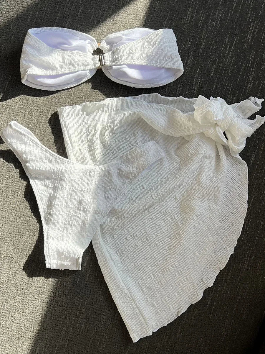 With Sarong Bandeau Strapless Wrinkled Bikini Women Swimwear Female Swimsuit Three-pieces Bikini set Bather Bathing Suit Swim