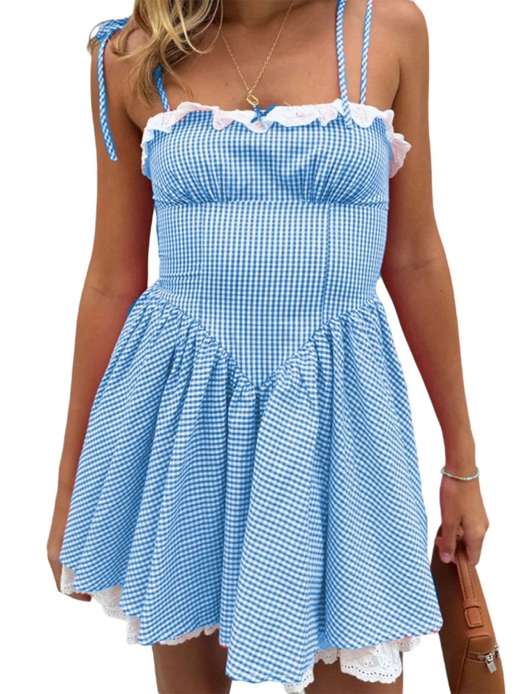 Summer Plaid Mini Cami Dress for Women Fashion Slim Ruffle Trim Tie-up Spaghetti Strap A-line Dresses for Daily Party