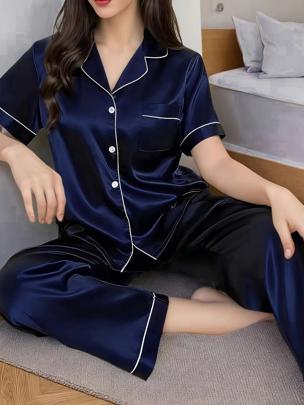 Women's Satin Silk Pajamas Set Short Sleeve Top and Long Pants Comfortable Casual Home Wear Spring Autumn Sleepwear