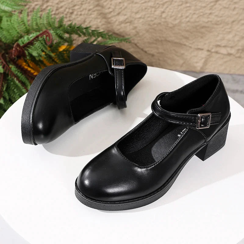 Plus Size 42 Black Thick Heels Pumps Women Classic Pu Leather Platform Mary Jane Shoes Woman Ankle Buckle Office High Heel Shoes
