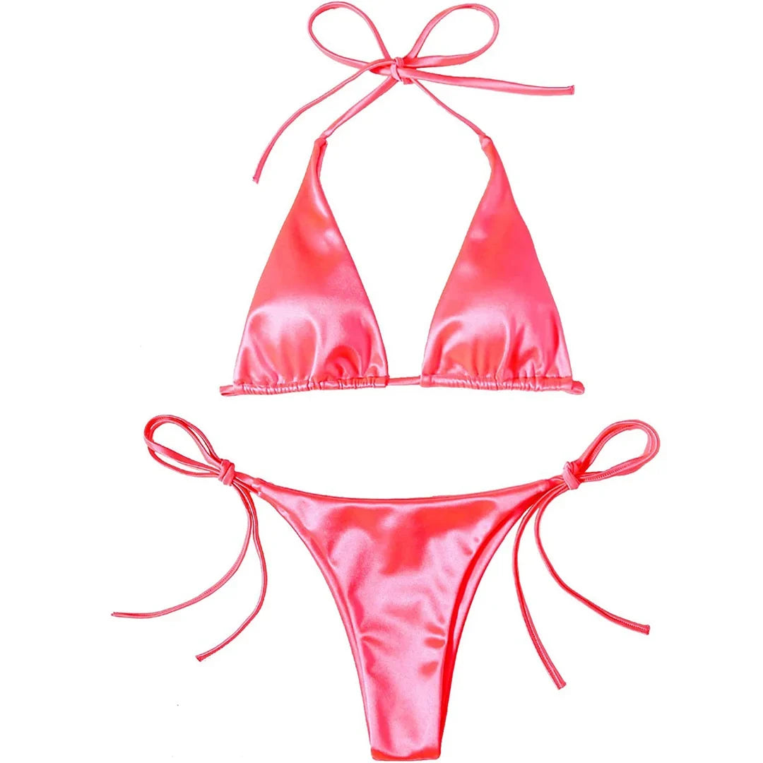 Sexy 13 Colors Halter Satin Brazilian Bikini Women Swimwear Female Swimsuit Two-pieces Bikini set Bather Bathing Suit Swim V4966