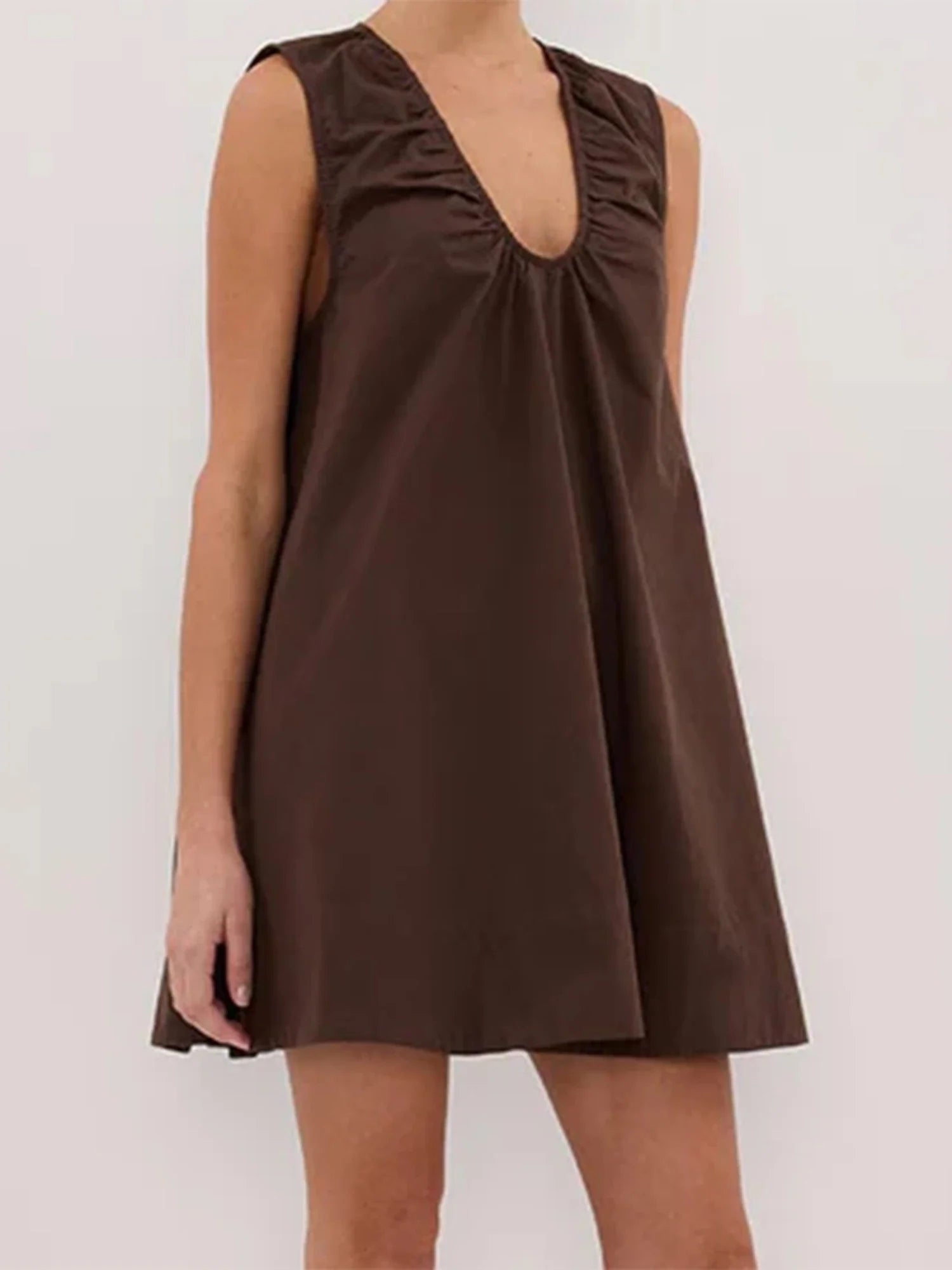 Women Summer Solid Color V Neck Loose Tank Dress Sleeveless Beach Mini Dresses with Pocket