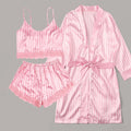 3PCS Women Pajama Suit Robe Fashion V-Neck Stretch Satin Silk Lace Sexy Lingerie Bowknot Pyjamas Sleep Shorts Set Sleepwear