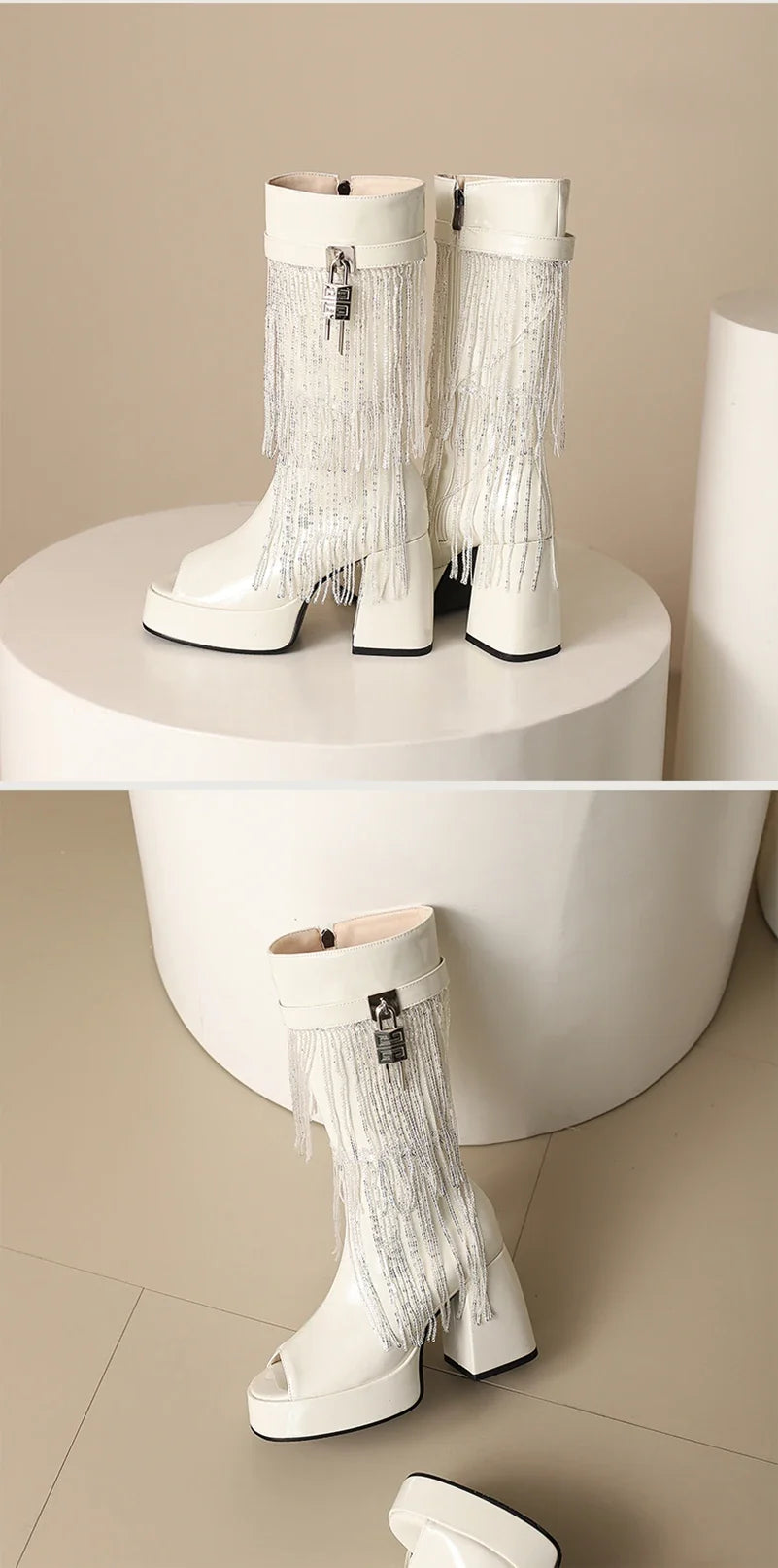 Plus Size Women White Patent Leather Fringe Tassel Mid Calf Boots Peep Toe Platform Block Heel Open Toe Party Club Heels