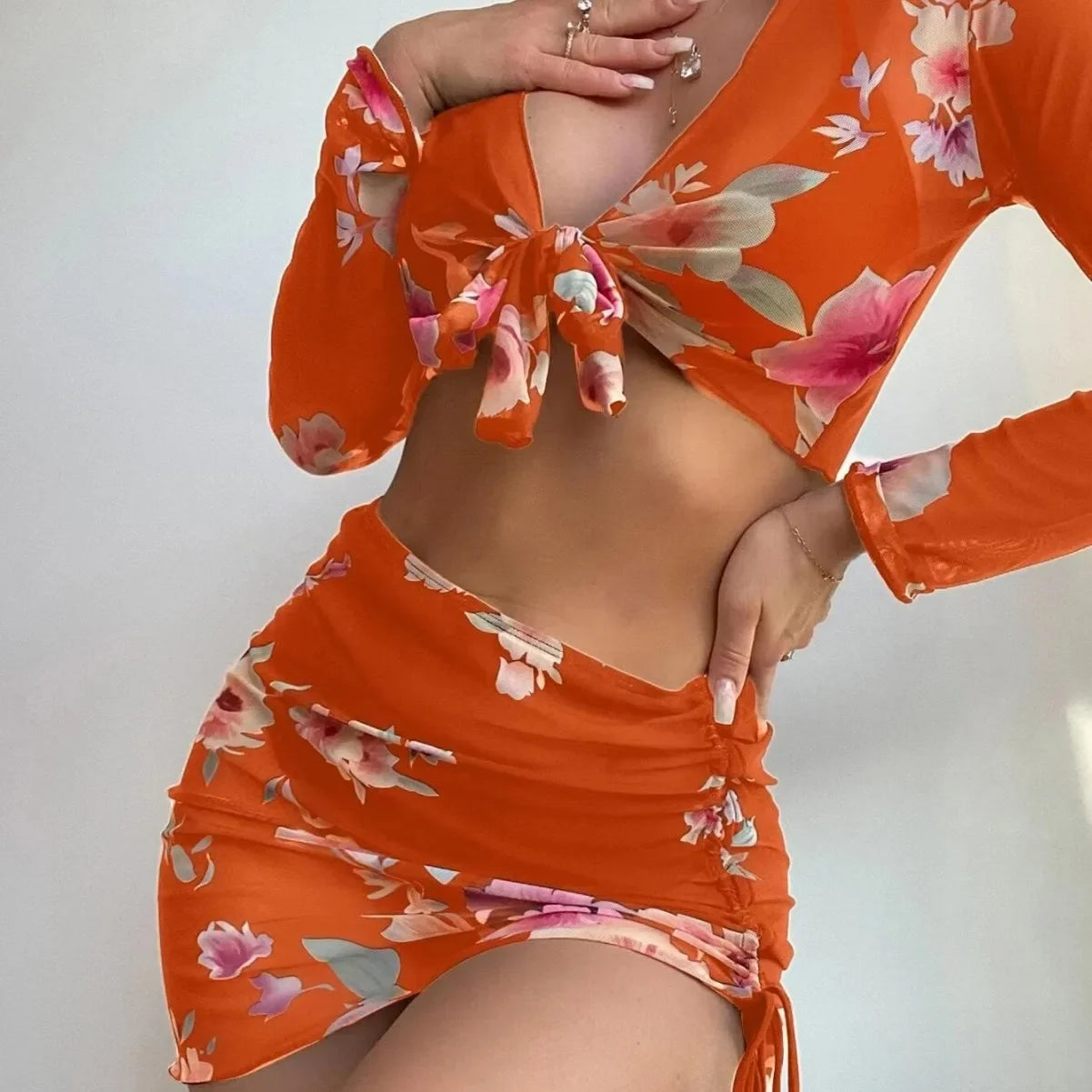 2026 Summer Women's 4 Pieces Suit Swimwear Neck Lace-up Bikini Set+crop Top+skirts Floral Print Gauze Swimsuit Beachwear Biquini