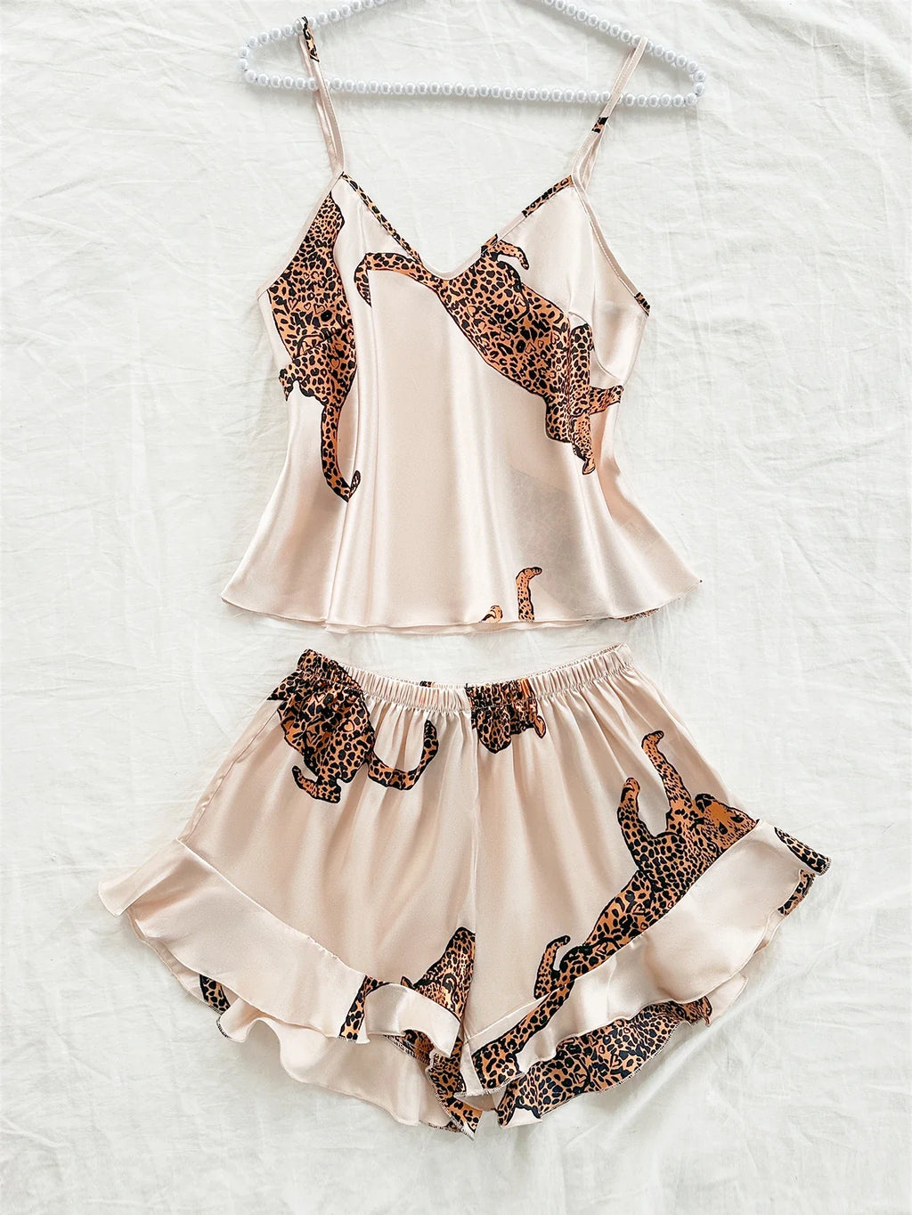 Summer 2-pieces Pink Leopard Printed Pajamas Set for Women Sexy Ice Silk Stain Sleepwear Casual Crop Tops and Shorts Lounge