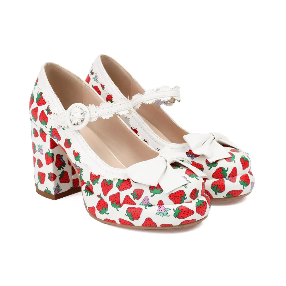 Big Size 43 High Quality Women's y2k Block High Heels Sweet Strawberry Print Mary Jane Pumps Black Pink Platform Lolita Shoes