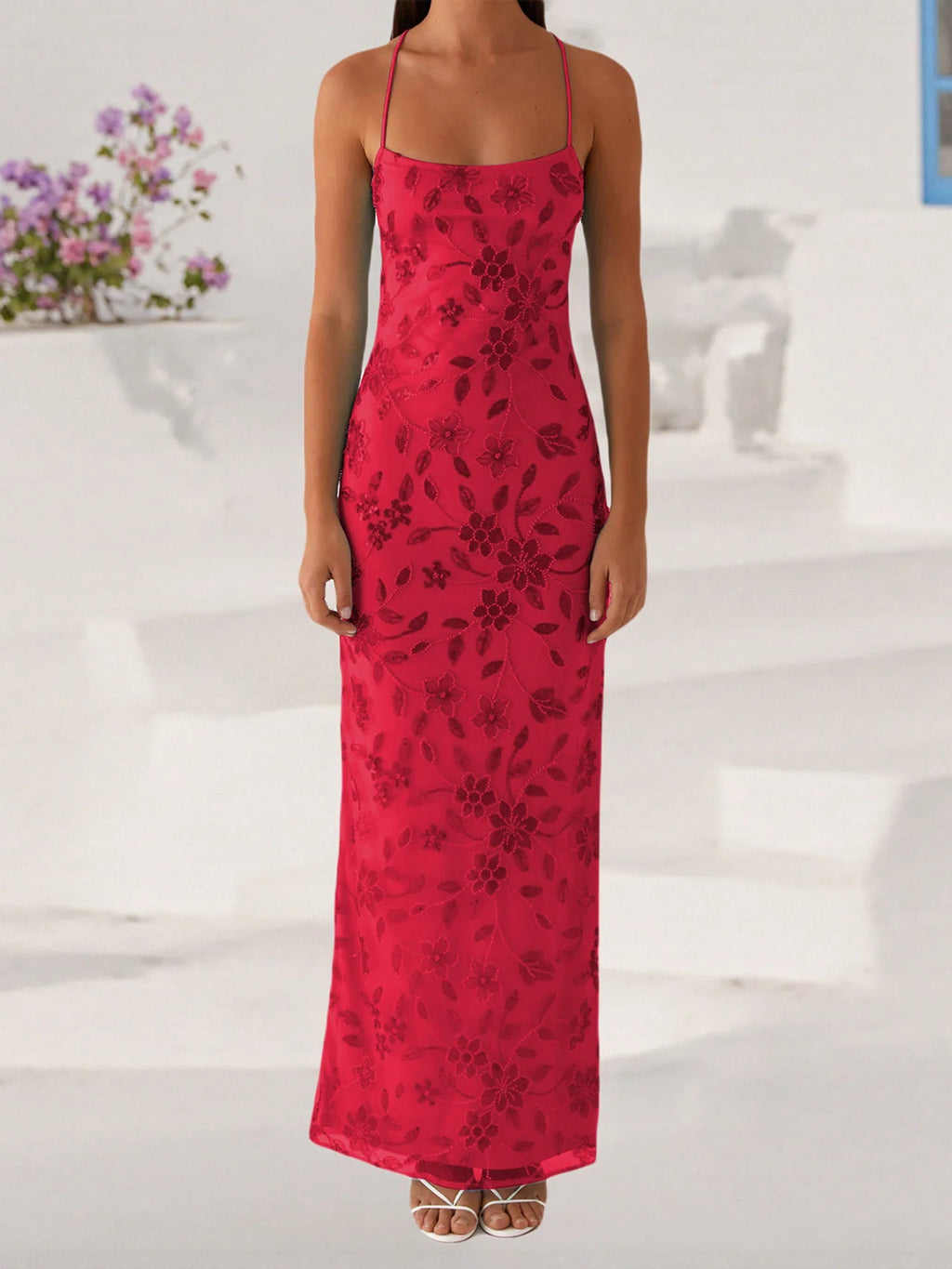 Women Summer Glitter Sequin Beaded Flower Cami Dress Slim High Split Spaghetti Strap Open Back Long Dresses for Party Club