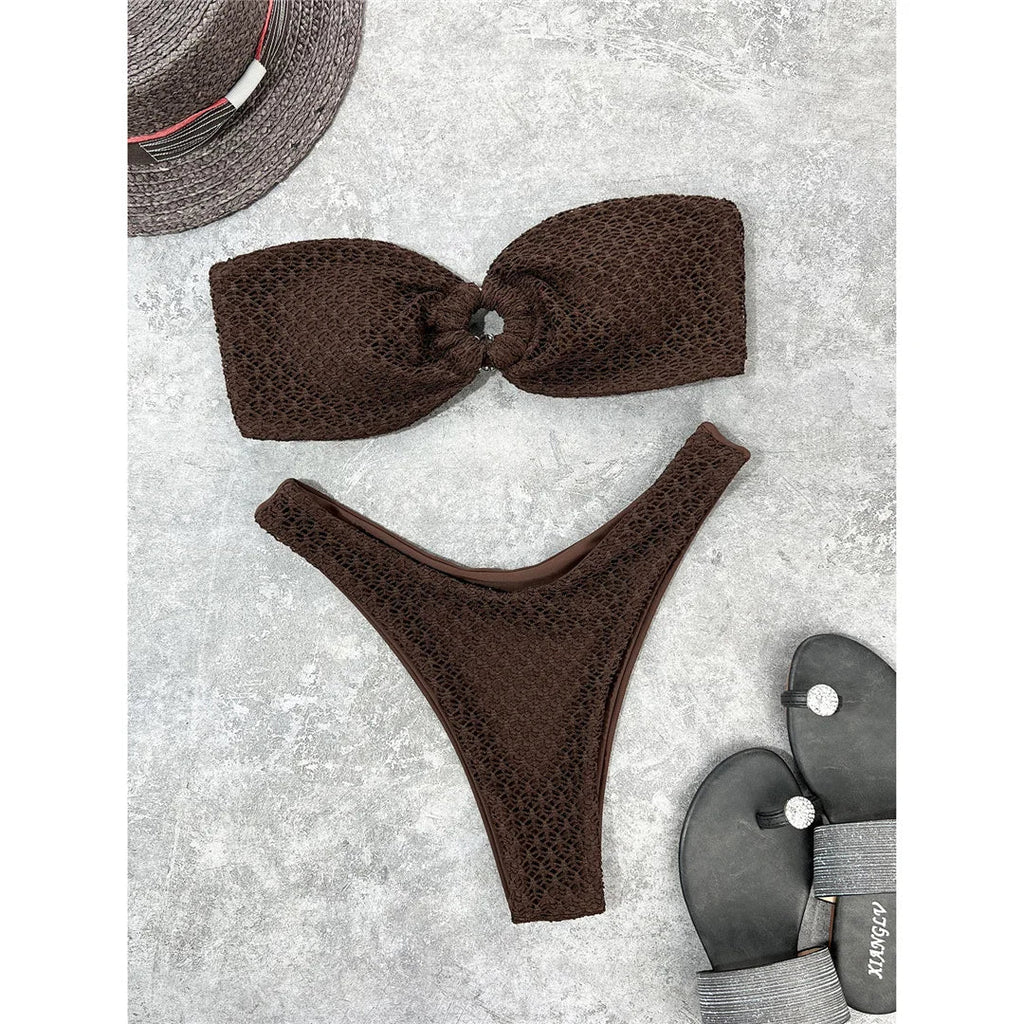 Sexy Wrinkled Bandeau Strapless Bikini Women Swimwear Female Swimsuit Two-Pieces Bikini Set Bather Bathing Suit Swim Lady V3367L