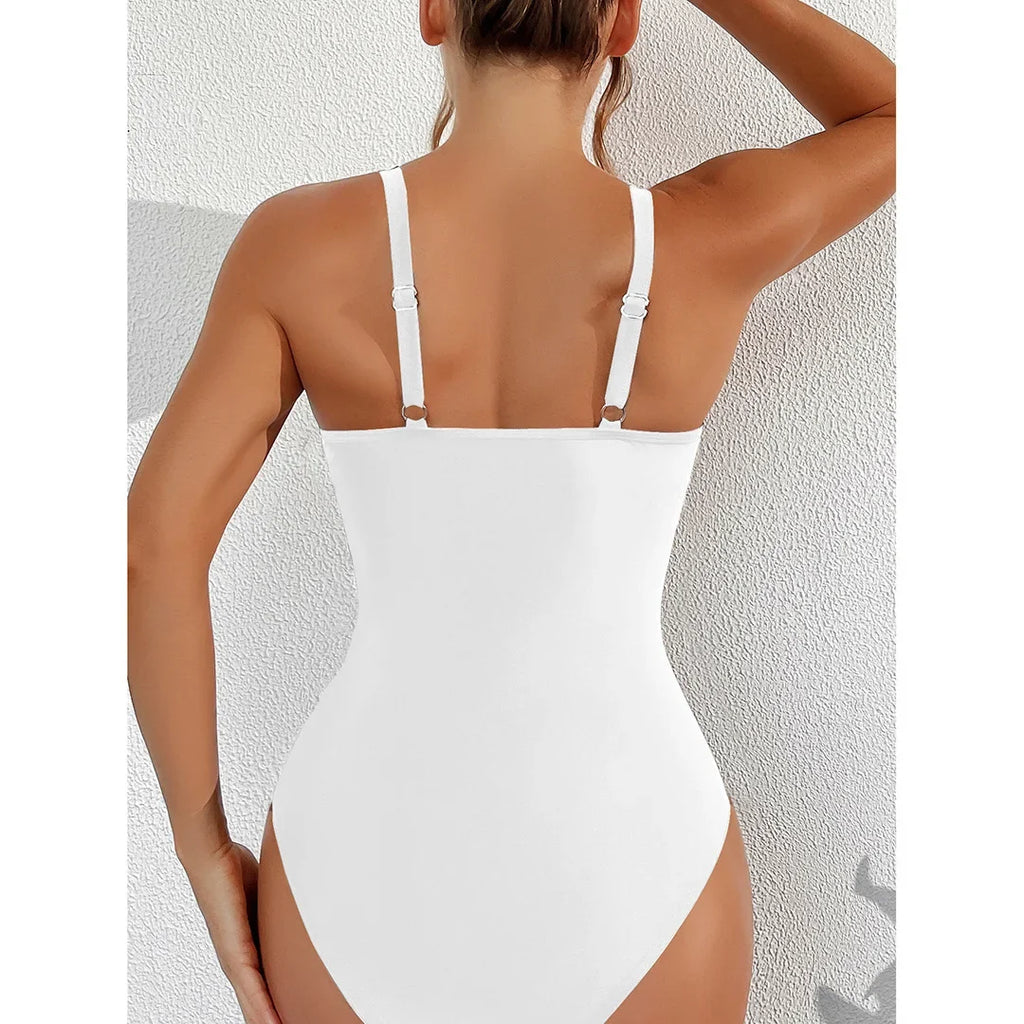 S - XL New Sexy Mesh Sheer V Neck Women Swimwear One Piece Swimsuit Female High Leg Cut Monokini Bather Bathing Suit Swim V5136
