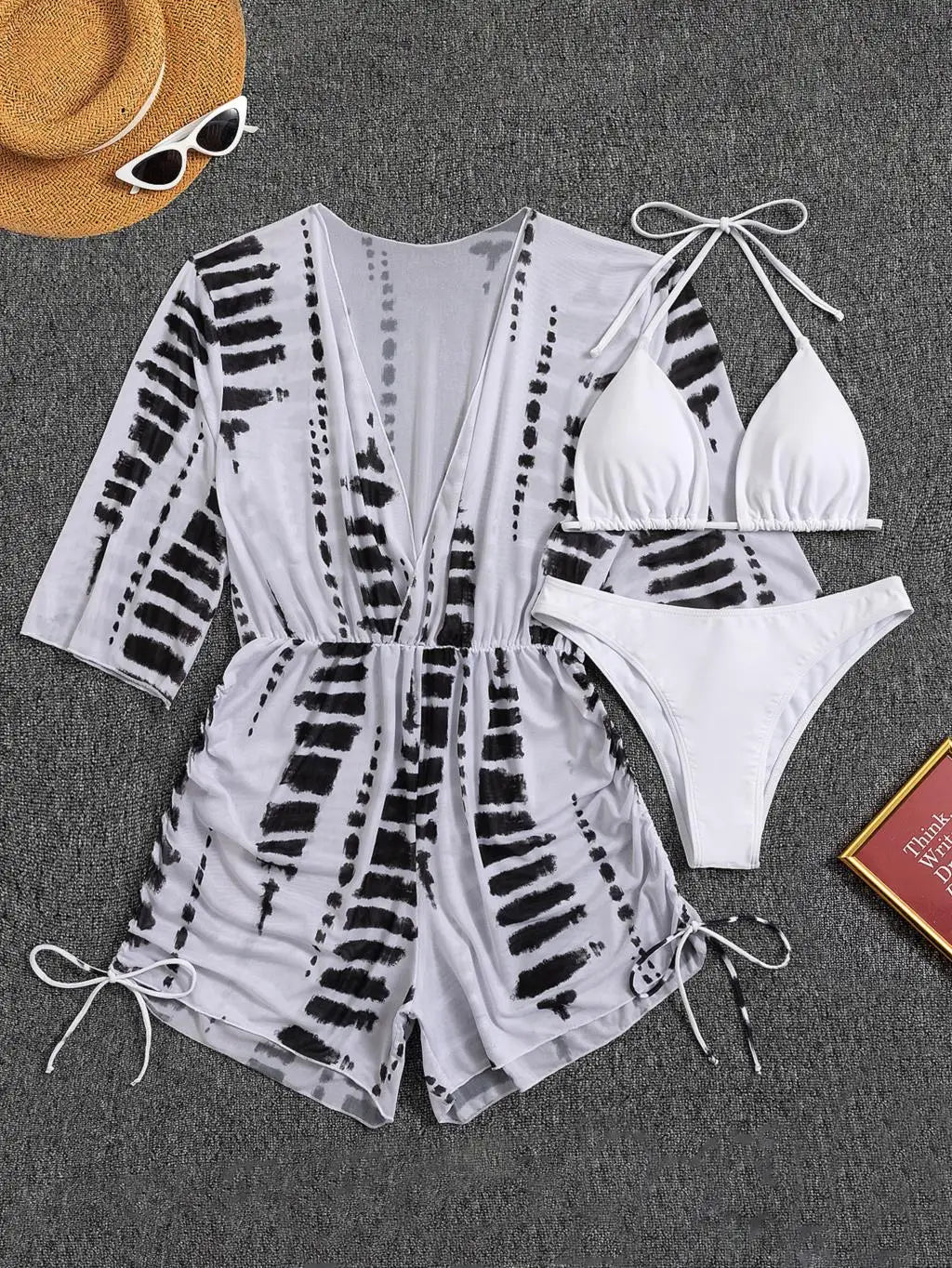 3 Pieces Bikini Tropical Print Swimsuit Halter Drawstring Side Swimwear Women 2026 Bathing Suit Female Swimming Summer Beachwear