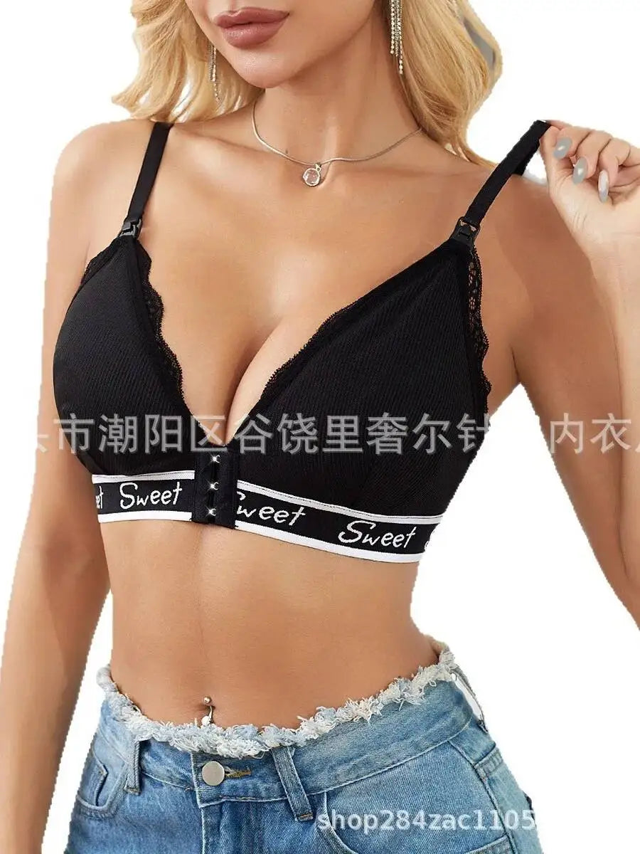 Sensational Black Sweetheart Bra With Adorable Sweet Embroidery And Lace Trim For Top Charming Thin Letter Print Vest YO2O