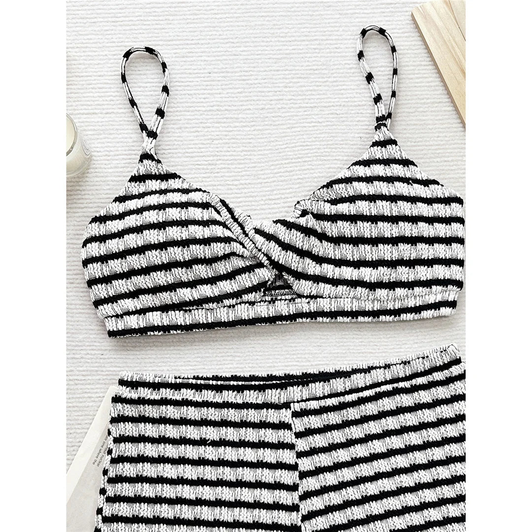 Black White Striped High Waist Bikini Female Swimsuit Women Swimwear Two-Pieces Bikini Set Shorts Bather Bathing Suit Swim V6626