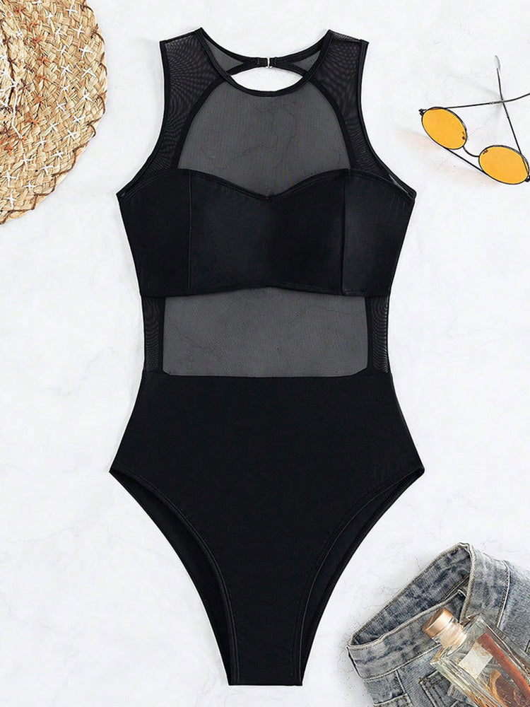 Sexy See Through Black Mesh Sheer Women Swimwear One Piece Swimsuit Female Monokini Backless Bathing Suit Swim Beach Wear Lady
