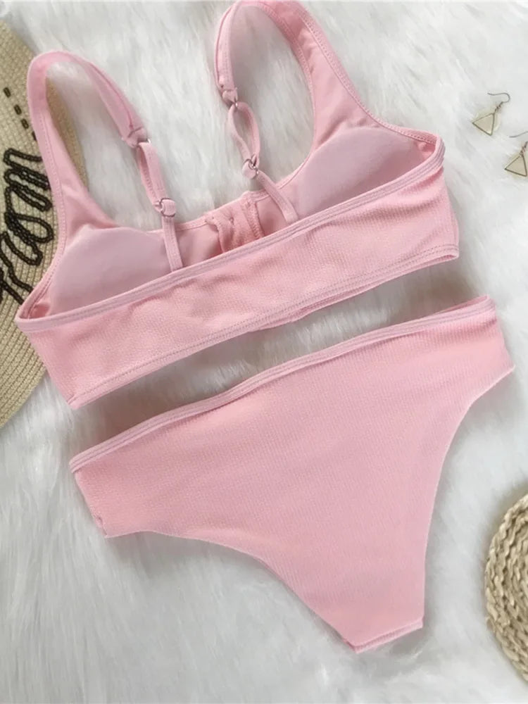 Sexy Sport Button Bikini 2025 Bandeau Swimwear Women Ribbed Swimsuit Female Two pieces bikini set Bathers Push Up Bathing Suit