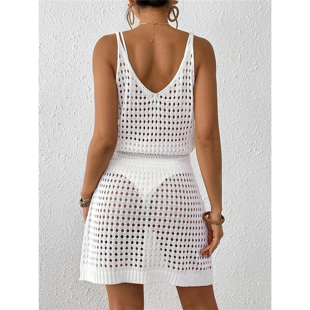 S - XL V Neck Hollow Out Crochet Knitted Tunic Beach Cover Up Cover-ups Beach Dress Mini Beach Wear Beachwear Female Women V7048