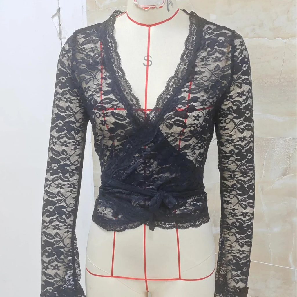 Spring Summer Deep V Neck Bandage Sexy See Through Tops Women Long Sleeve Slim Fit Sheer Lace T-shirts for Party