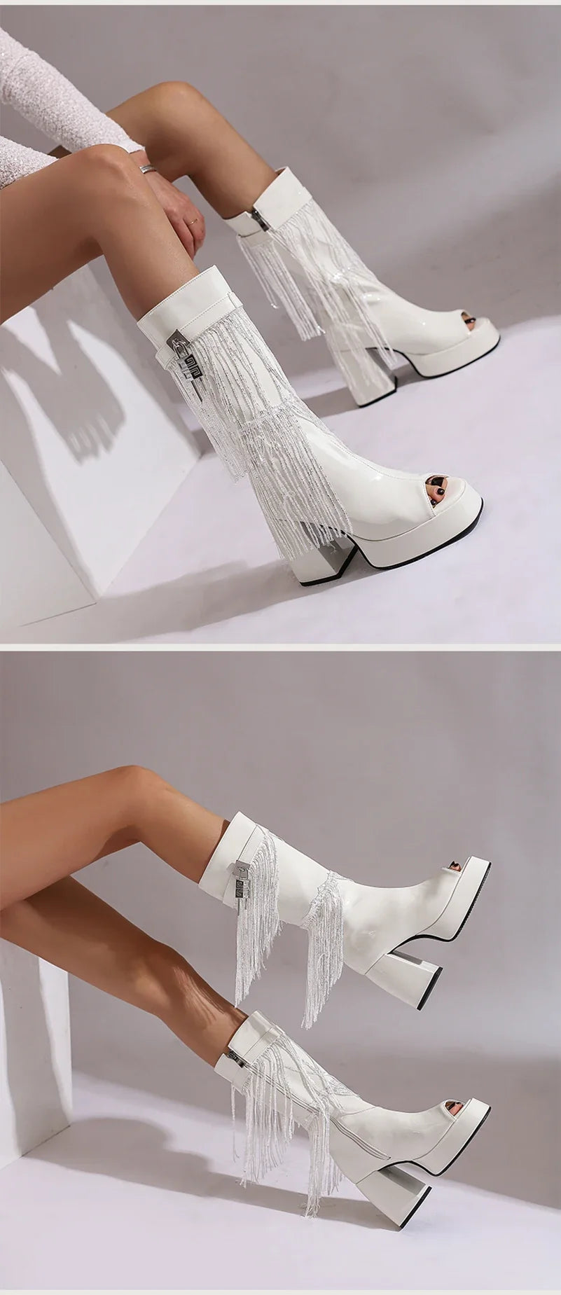 Plus Size Women White Patent Leather Fringe Tassel Mid Calf Boots Peep Toe Platform Block Heel Open Toe Party Club Heels