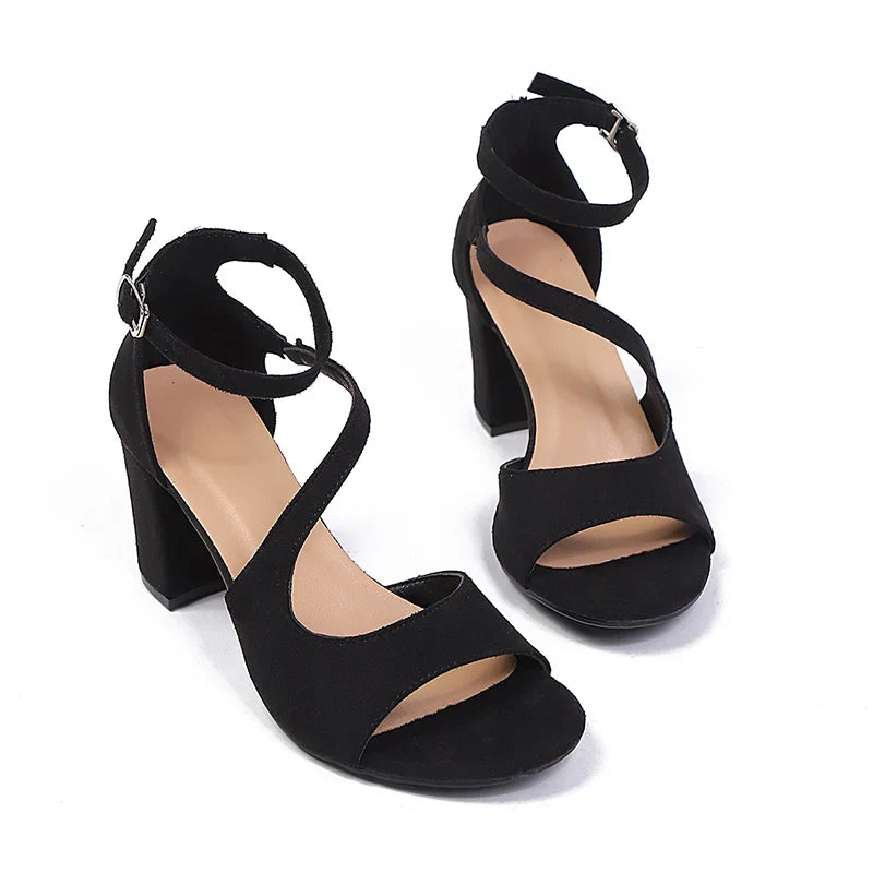 Elegant Ankle Buckle High Heel Sandals Women Black Flock Open Toe Block Heels Rome Sandals Woman Plus Size Bag Heel Party Shoes