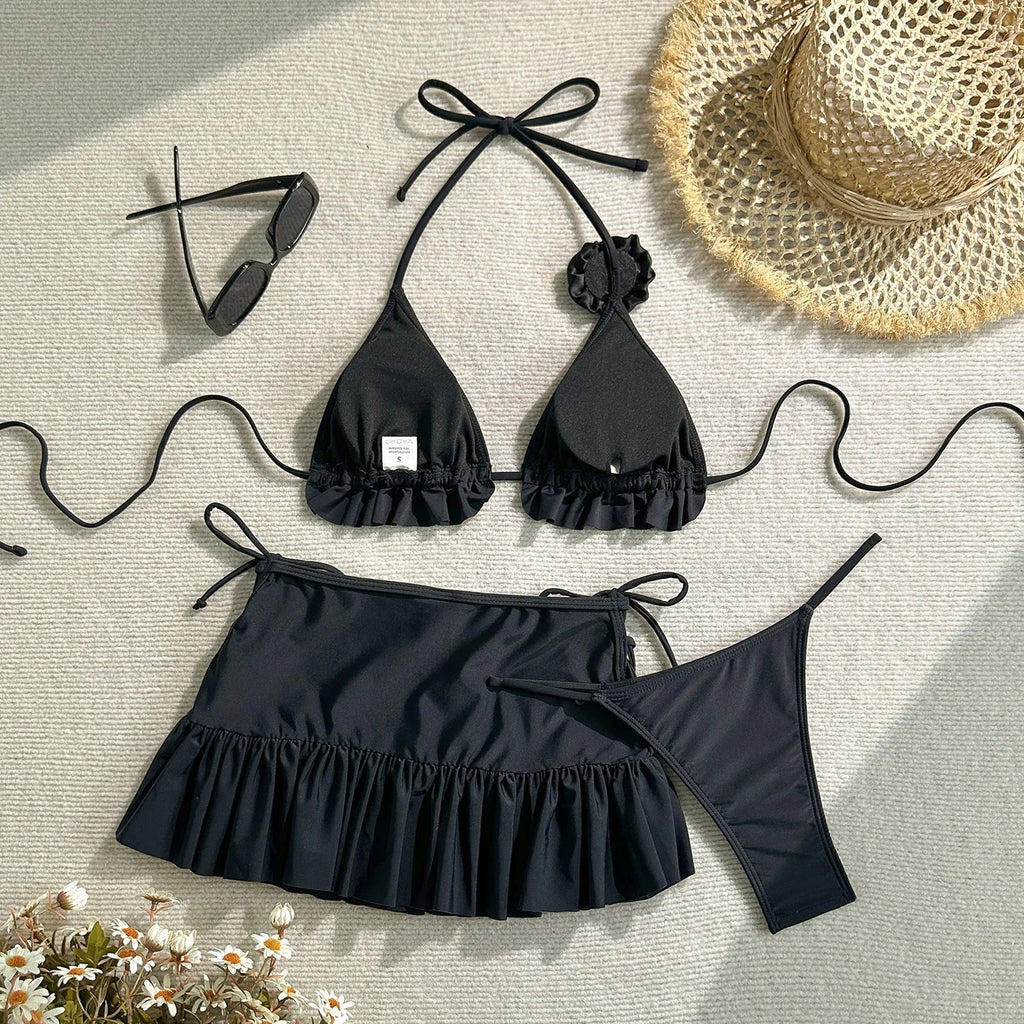 Sexy Ruffles Cover Up 3 Piece Bikinis Sets Women Black White 3D Floral Push Up Bra Thong Swimsuit Bathing Suit Swimwear 2026