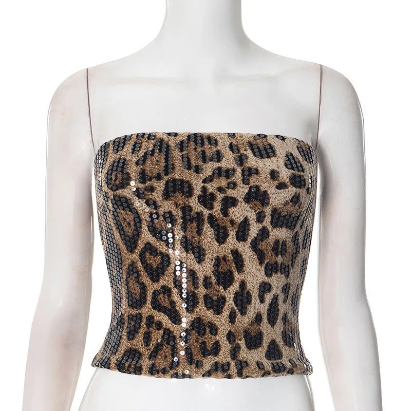 Sexy Chic Leopard Printed Corset Tops Women's Fashion Skinny Zip-up Sequins Crop Tops Strapless Night Club Outfit Streetwear