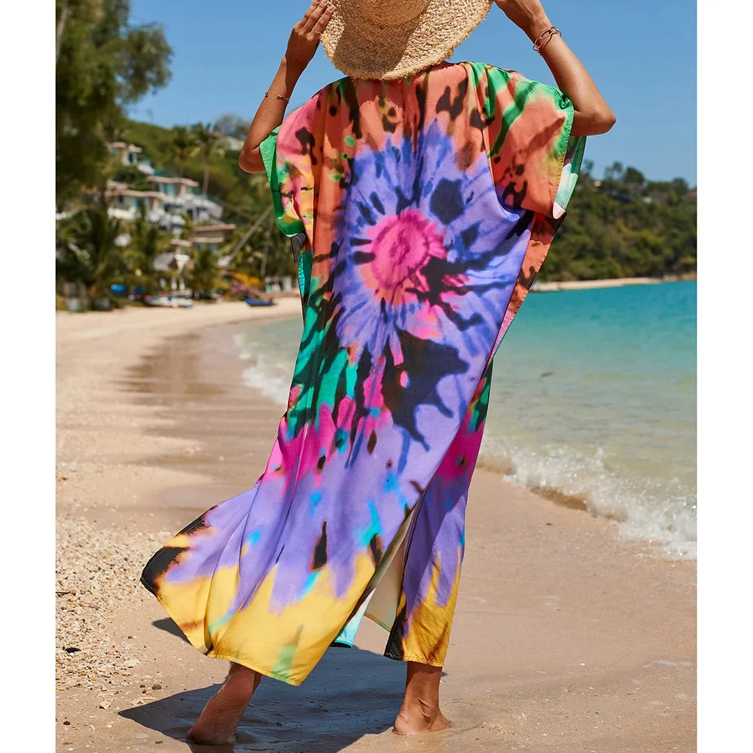 2026 New Colorful Kaftan Tunic Beach Dress Beach Wear Beachwear Beach Cover Up Cover-upsLoose Maxi Dress Female Women V4428