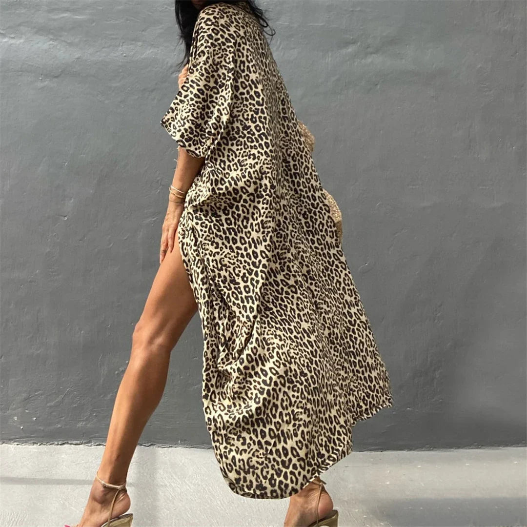17 Colors Leopard Printed Colorful With Belt Tunic Cover-ups Beach Dress Beach Wear Beachwear Female Women Beach Cover Up V4510L