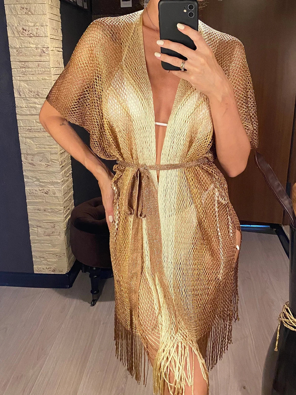Sexy With Belt Fringe Tassel Crochet Knitted Tunic Beach Cover Up Cover-ups Beach Dress Beach Wear Beachwear Female Women V4649