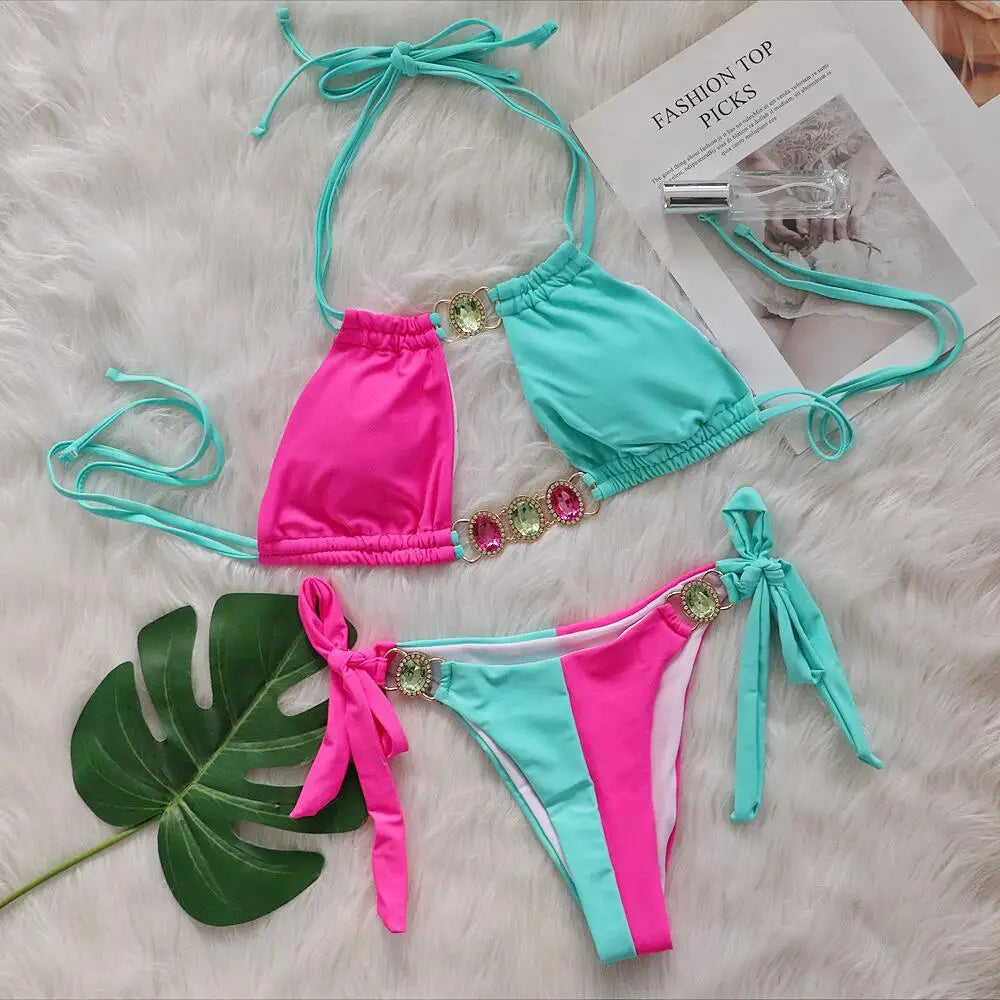 Leopard Diamond Bikini 2026 Women Hollow out Swimsuit Female Swimwear Two Pieces Bikini Set Halter Bather Bathing Suit Swim Lady