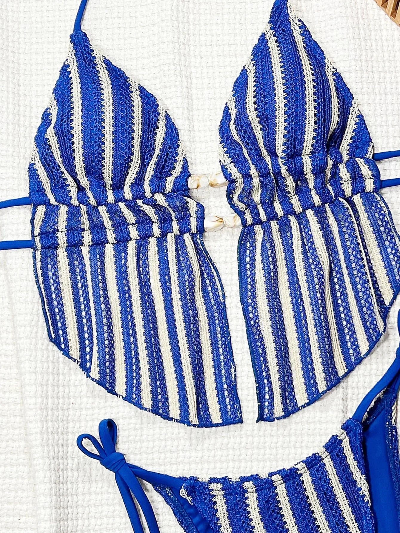 Sexy Blue Striped Bikini Set 2026 Women Hollow Out Stone Push Up Crop Top Two Piece Swimsuit Summer Bathing Suit Thong Swimwear