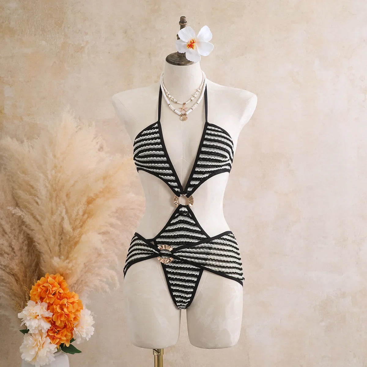 Sexy Black Stripe Knitted One Piece Swimwear Skirts Sets 2026 Women Metal Circle Hollow Out Backless Bathing Suit Thong Swimsuit