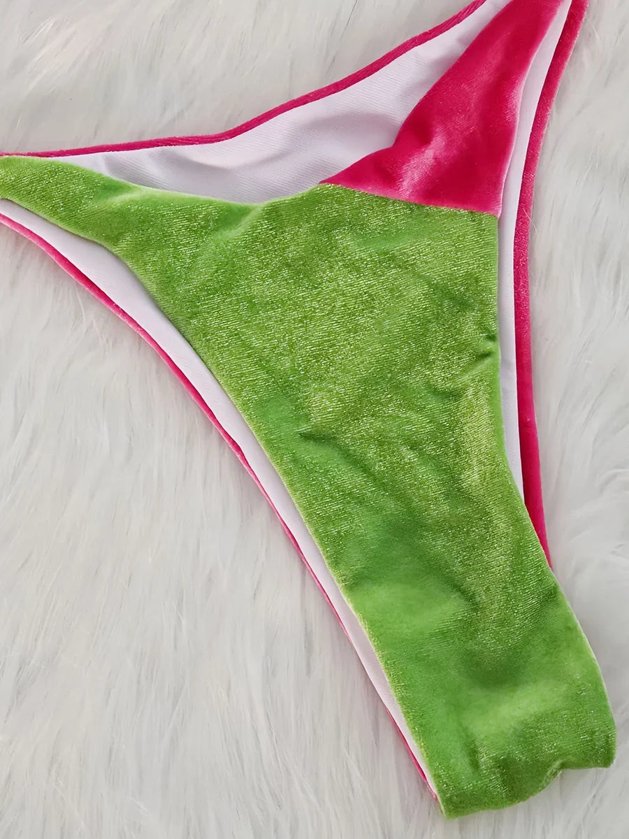2025 Splicing Halter Velvet Bikini Female Swimsuit Women Brazilian Swimwear Two-pieces Bikini Set High Cut Bathing Suit Swim